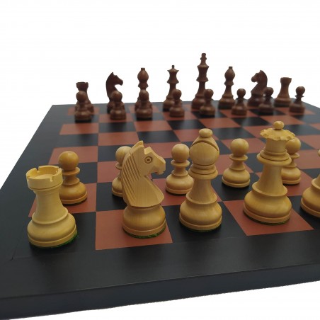 Jeu d'échecs complet - échiquier cuir 44cm - pièces buis et acacia