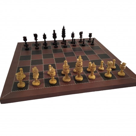 Jeu d'échecs complet - échiquier cuir 53cm - pièces palissandre