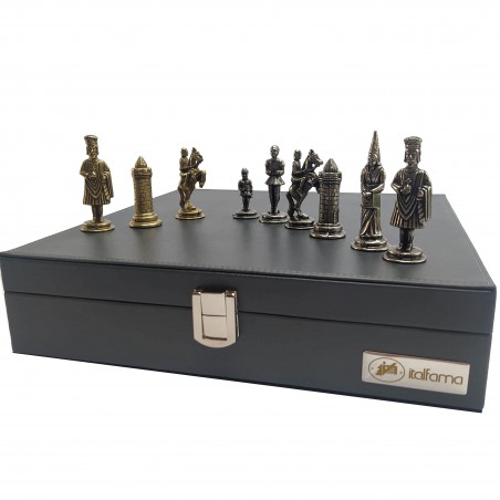 Pièces d'échecs Camelot en métal + valise en simili-cuir